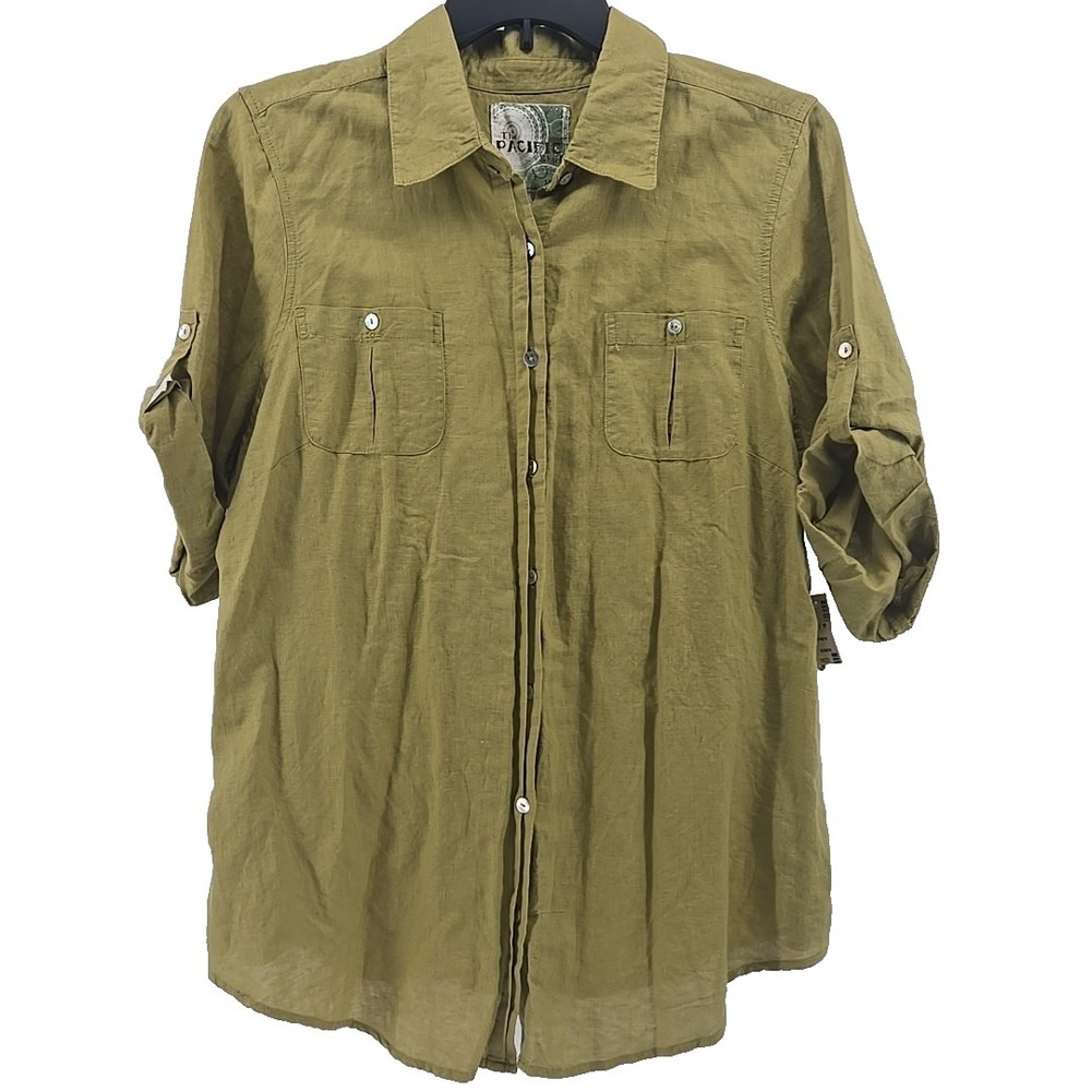 Avenue Woman 18/20 The Pacific Shirt Linen Chartreuse Tab Sleeve Button Down